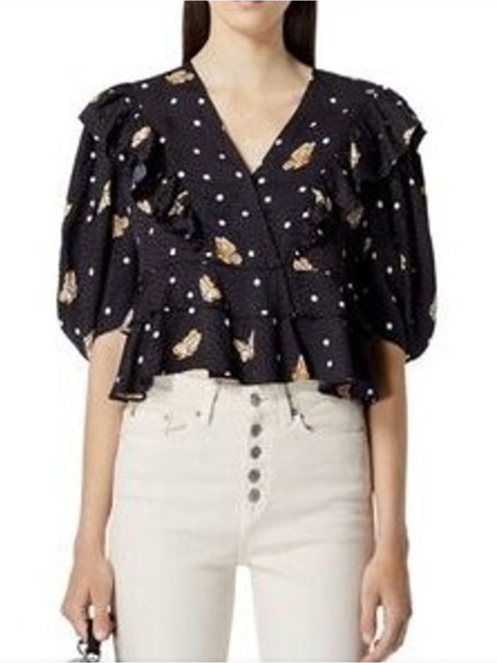 The Kooples Black Polka Dot Butterfly Silk Cropped  Fairy Boho Whimsy